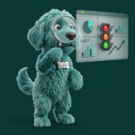 Hoekie, de hond van Brandmerck, met een vergrootglas